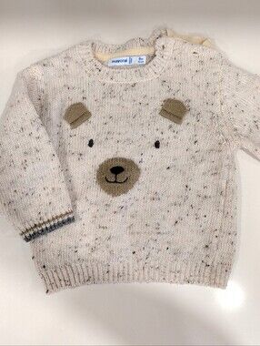 Neutral Speckled Knit Baby Sweater with Bear Motif 9m